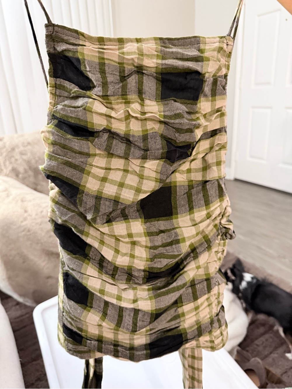 Free People Olive Green and Black Plaid Ruched Tank Top
